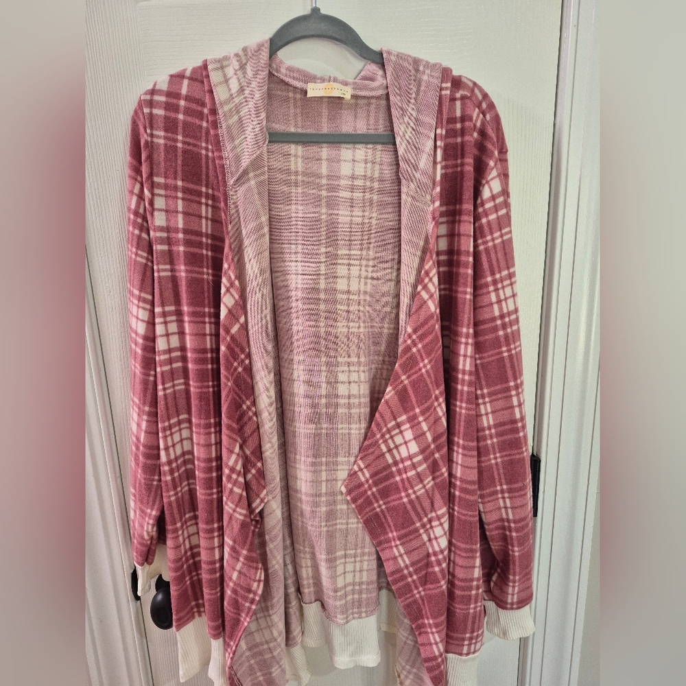 Pink Plaid Open Front Cardigan Sweater